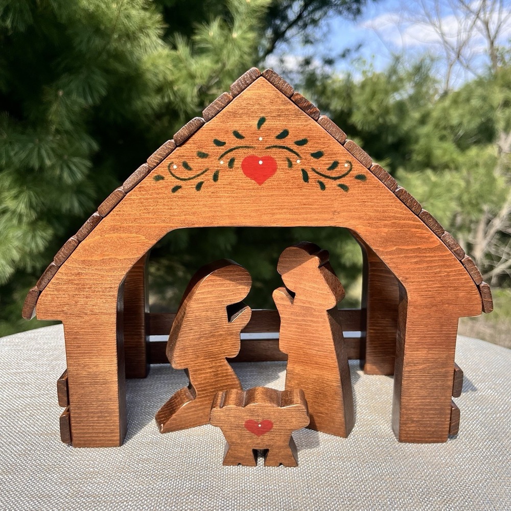Christmas Nativity Wooden Set Mary Joseph Baby Jesus Manger Crèche Handcrafted
